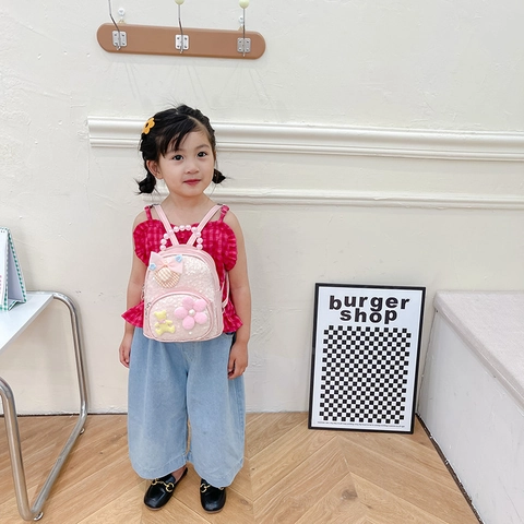 Mini Mochila Para Niñas Niños Lentejuelas Cuero PU Mango De Perla Artificial Lindo Oso Flor Decorativo Jardín De Infantes Mochila De Viaje