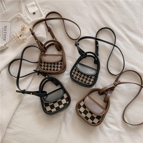 Mini Borsa A Tracolla Bambini Pelle PU Motivo Pied-de-Poule Scacchi Manico Rotondo Borsa A Spalla Moda Per Ragazzi Ragazze