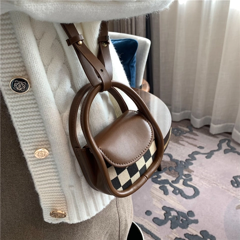Mini Borsa A Tracolla Bambini Pelle PU Motivo Pied-de-Poule Scacchi Manico Rotondo Borsa A Spalla Moda Per Ragazzi Ragazze