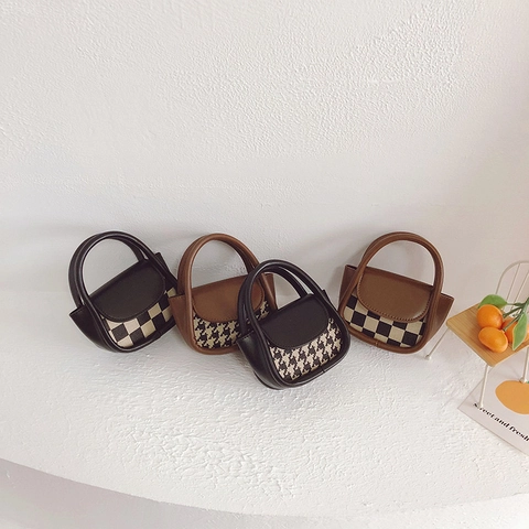 Mädchen Mini Umhängetasche PU Leder Schachbrettmuster Hahnentritt Retro Britischer Stil Schulter Handtasche