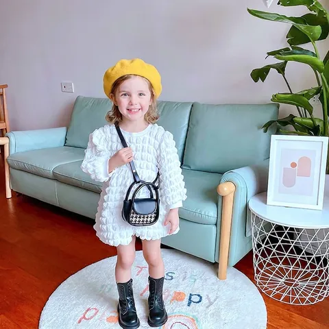 Mädchen Mini Umhängetasche PU Leder Schachbrettmuster Hahnentritt Retro Britischer Stil Schulter Handtasche