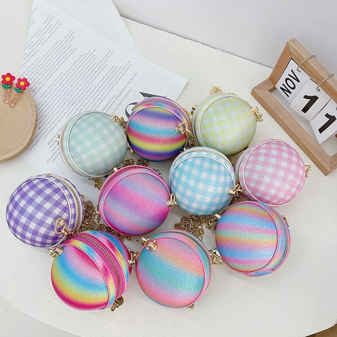 Mini Round Crossbody Bag Kids PU Leather Glitter Rainbow Gradient Metallic Chain Strap Fashion Shoulder Bag For Girls