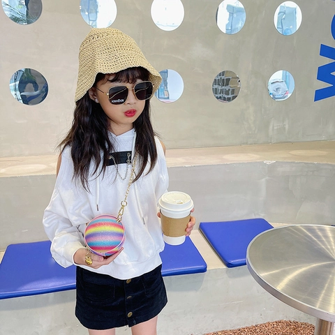 Mini Round Crossbody Bag Kids PU Leather Glitter Rainbow Gradient Metallic Chain Strap Fashion Shoulder Bag For Girls