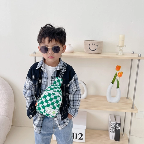 Kids Fashion Chest Bag Checkerboard Grid Smiley Face Canvas Nylon Crossbody Bag For Boys Girls Streetwear Outdoor