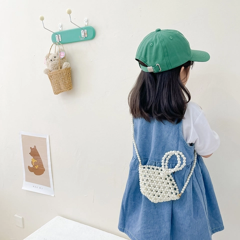 Bolso Bandolera Mini Para Niños De Perlas Artificiales Artificiales Tejido A Mano Para Niñas Pequeñas Moda Elegante Con Correa De Cadena