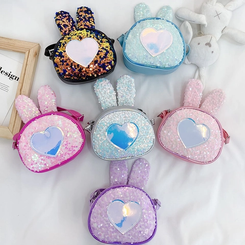 Kids Sequin Crossbody Bag Cute Rabbit Ear Shape Heart Pattern Adjustable Shoulder Strap For Toddler Girls Fashion Small Purse