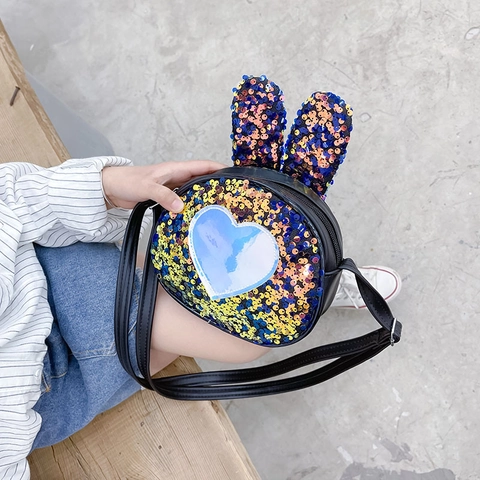 Kids Sequin Crossbody Bag Cute Rabbit Ear Shape Heart Pattern Adjustable Shoulder Strap For Toddler Girls Fashion Small Purse