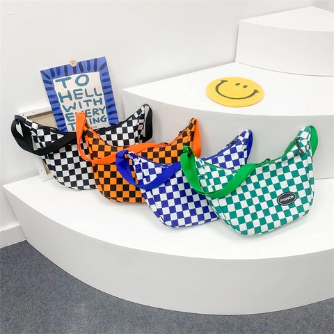 Kids Checkerboard Crossbody Bag Nylon Crescent Moon Shaped Shoulder Bag With Adjustable Strap For Boys And Girls Casual