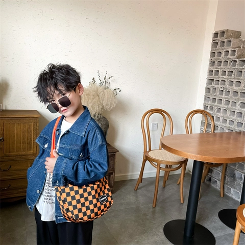 Kids Checkerboard Crossbody Bag Nylon Crescent Moon Shaped Shoulder Bag With Adjustable Strap For Boys And Girls Casual