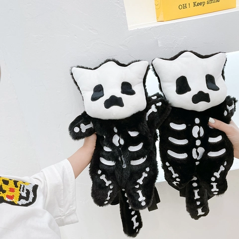 Plush Skeleton Cat Backpack Soft Furry Cartoon Gothic Halloween School Bag For Kids Toddlers Adjustable Straps Lightweight