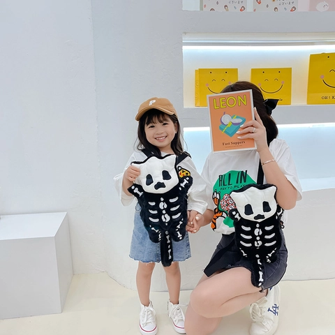 Plush Skeleton Cat Backpack Soft Furry Cartoon Gothic Halloween School Bag For Kids Toddlers Adjustable Straps Lightweight