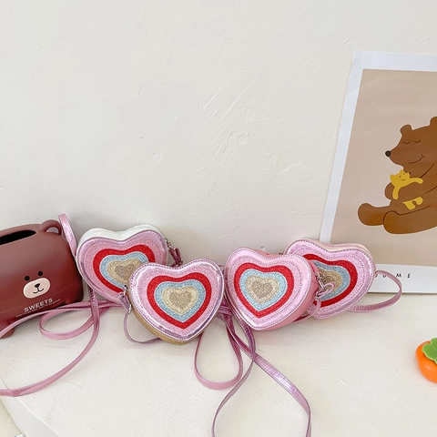 Borsa Tracolla Cuore Bambini Pelle PU Paillettes Motivo Stratificato Tracolla Regolabile Moda Carina Per Ragazze