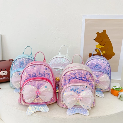 Mini Mochila De Lentejuelas Para Niñas Cola De Sirena Brillante Mochila De Princesa Con Lazo De Malla Cuero PU Moda