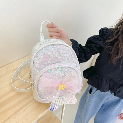 Mini Mochila De Lentejuelas Para Niñas Cola De Sirena Brillante Mochila De Princesa Con Lazo De Malla Cuero PU Moda