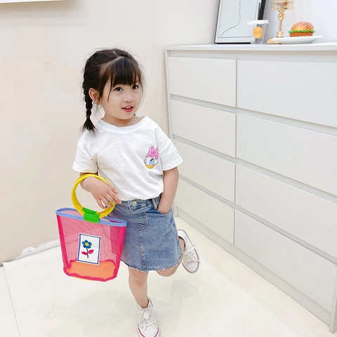 Kids Mesh Handbag Flower Embroidery Contrast Color Summer Beach Tote Bag Round Handle Breathable Lightweight Accessory