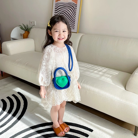 Bolso Bandolera Mini Con Forma De Corazón Para Niñas Cuero PU Color De Contraste Bolso De Mano Pequeño De Moda