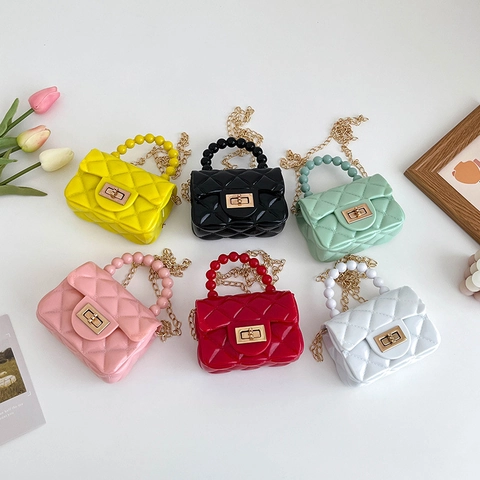Mini Gewatteerde Jelly Schoudertas PVC Ruit Crossbody Met Kunstparel Handvat Ketting Voor Kinderen Meisjes