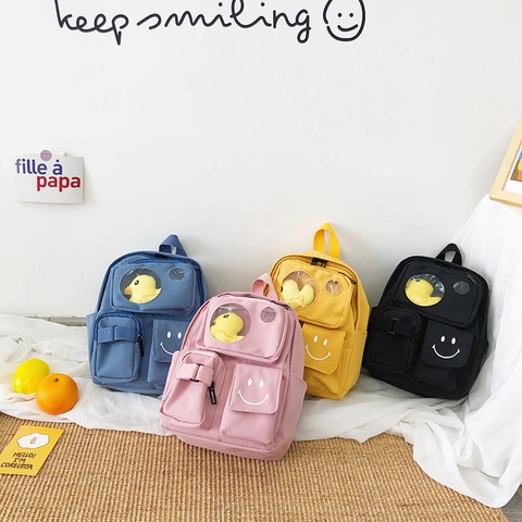 Kinder Rucksack Canvas Transparentes Fenster Gelbe Ente Plüschtier Smiley Mehrere Taschen Kindergarten Kleinkind Schultasche