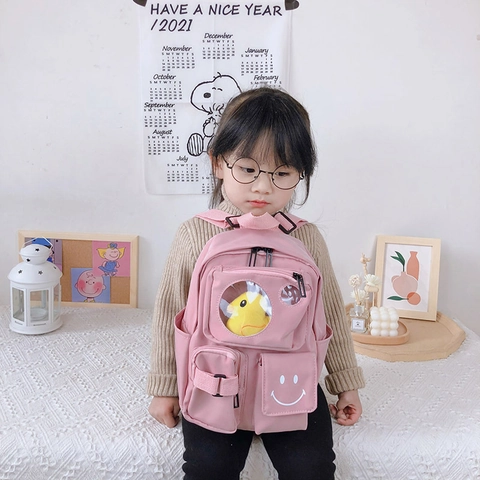 Kinder Rucksack Canvas Transparentes Fenster Gelbe Ente Plüschtier Smiley Mehrere Taschen Kindergarten Kleinkind Schultasche
