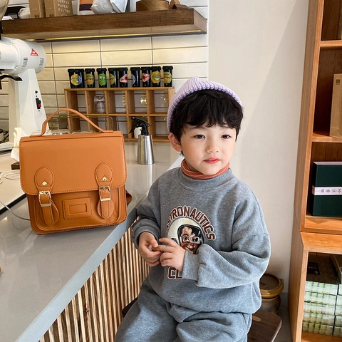 British Retro Kids Backpack PU Leather Woolen Plaid Satchel School Bag For Toddler Boys Girls Vintage Cambridge Style