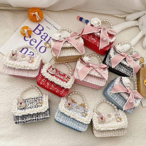 Kids Mini Handtasche Tweed Umhängetasche Künstliche Perlengriff Süße Prinzessin Schultertasche Für Kleinkinder Mädchen Mode