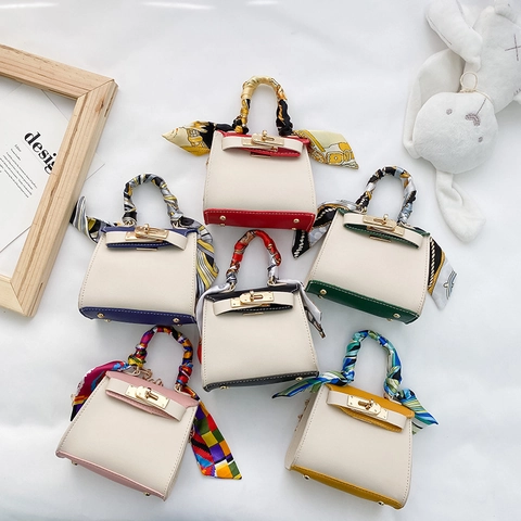 Bolso Bandolera Mini Niñas Cuero PU Color Contraste Mango Bufanda Satén Cerradura Metal Moda Mensajero Para Niños