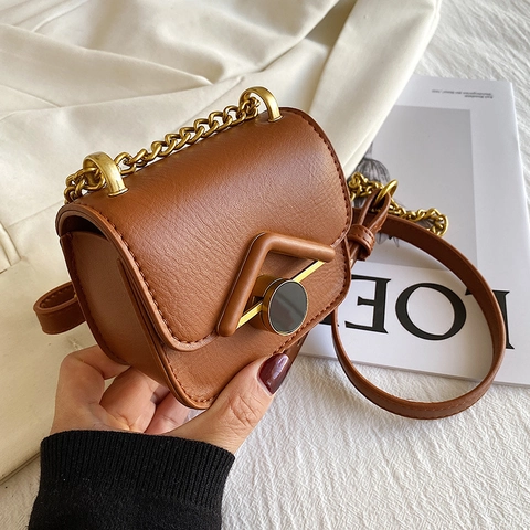 Mini Bolso Bandolera Para Niños Vintage Cuir PU Solapa Pequeño Bolso Cuadrado Metal V-Trim Bloqueo Círculo Correa Cadena Accesorio