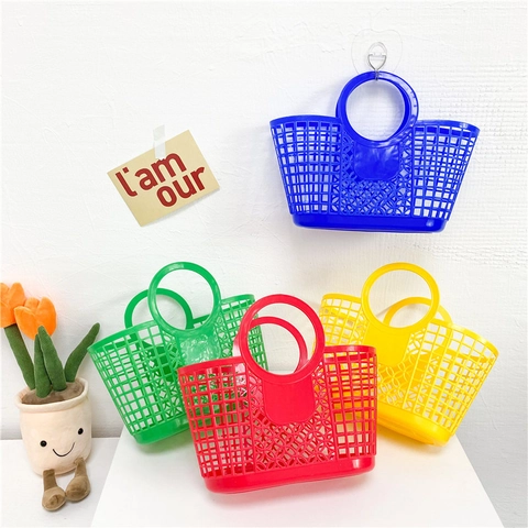 Kids Plastic Hollow Handbag Beach Tote Bag Retro Flexible Grid Design Round Handle Colorful For Toddler Girls