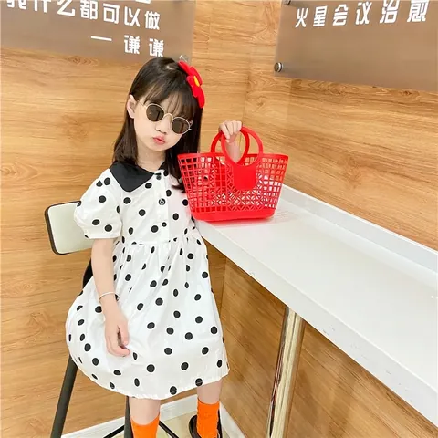 Kids Plastic Hollow Handbag Beach Tote Bag Retro Flexible Grid Design Round Handle Colorful For Toddler Girls