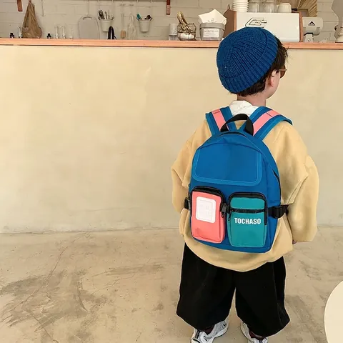 Zaino Bambini Nylon Colorblock Multi-tasca Moda Borsa Scuola Bambino Traspirante Grande Capacità Carino Casual