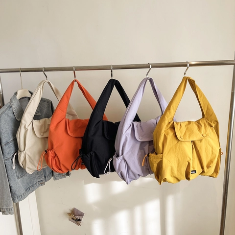 Women Large Capacity Nylon Shoulder Bag Drawstring Side Details Crinkle Texture Solid Color Casual Commuting Handbag