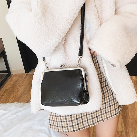 Retro Women PU Leather Kiss-lock Crossbody Bag Double Layer Metal Frame Shoulder Square Bag Small Shiny Elegant Purse
