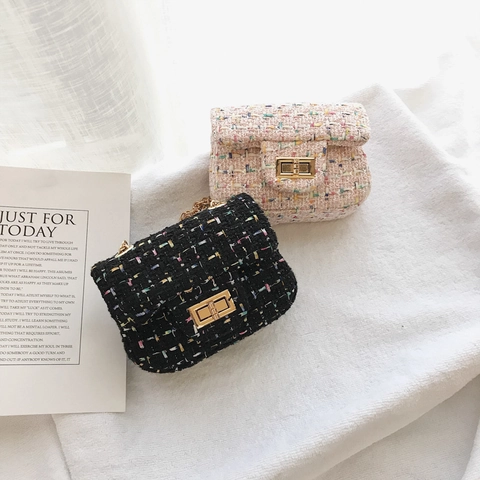 Kinder Meisjes Mini Crossbody Tas Tweed Stof Plaid Gouden Metalen Ketting Draaisluiting Flap Prinsessenstijl