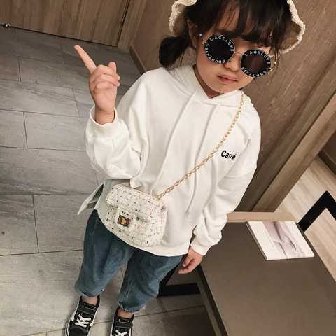 Kinder Meisjes Mini Crossbody Tas Tweed Stof Plaid Gouden Metalen Ketting Draaisluiting Flap Prinsessenstijl