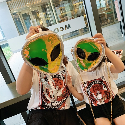 Sac À Dos Et Sac À Bandoulière Forme Tête Alien Holographique Laser Enfants PU PVC Style Cyberpunk Accessoire Mode Tendance