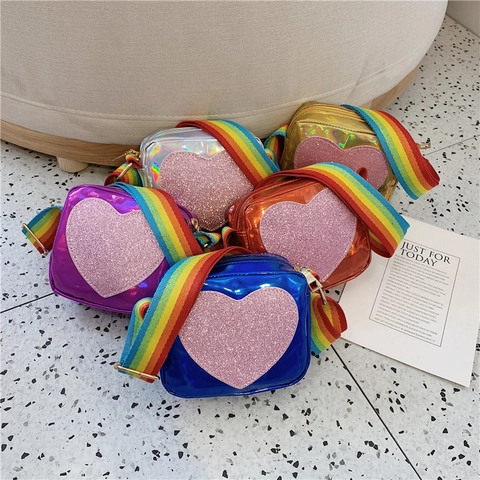 Mini Borsa A Tracolla In PU Laser Per Bambine Con Cuore Di Glitter Rosa E Tracolla Regolabile Arcobaleno