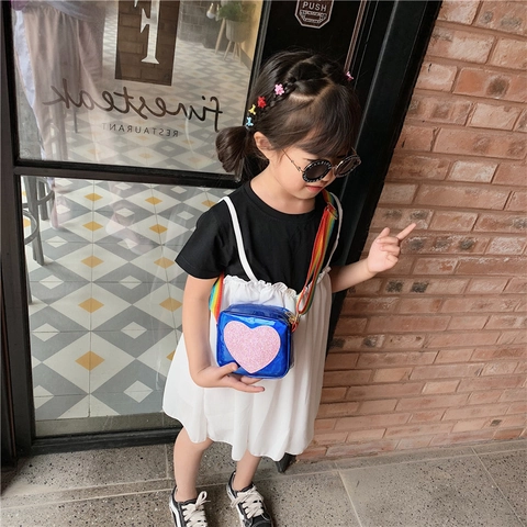 Mini Borsa A Tracolla In PU Laser Per Bambine Con Cuore Di Glitter Rosa E Tracolla Regolabile Arcobaleno