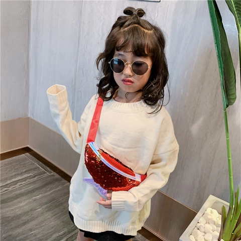 Kids Sequin Waist Bag Mermaid Fish Tail Shape Sparkly PU Leather Adjustable Strap Crossbody Chest Bag For Toddler Children