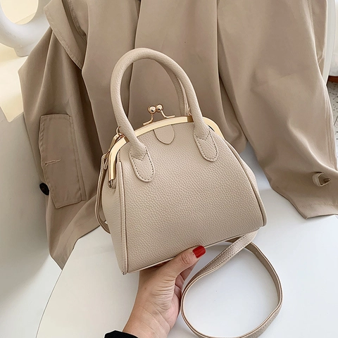 Sac À Main Vintage Style Docteur Femme Cuir PU Grainé Fermoir Kiss Lock Rétro Sac Bandoulière Élégant
