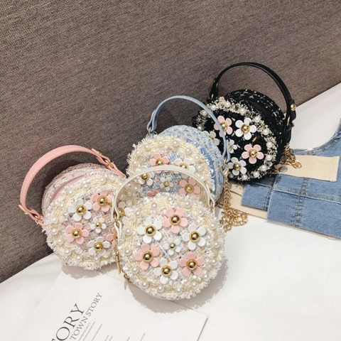 Mini Round Crossbody Bag For Kids Sweet Tweed 3D Flower Artificial Pearl Decor Metal Chain Strap Shoulder Handbag For Little Girls