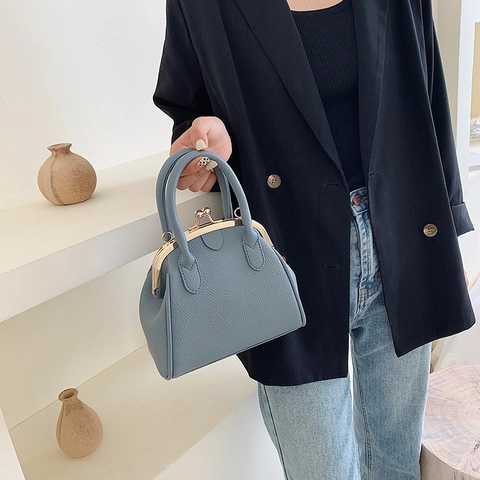 Sac À Main Vintage Style Docteur Femme Cuir PU Grainé Fermoir Kiss Lock Rétro Sac Bandoulière Élégant