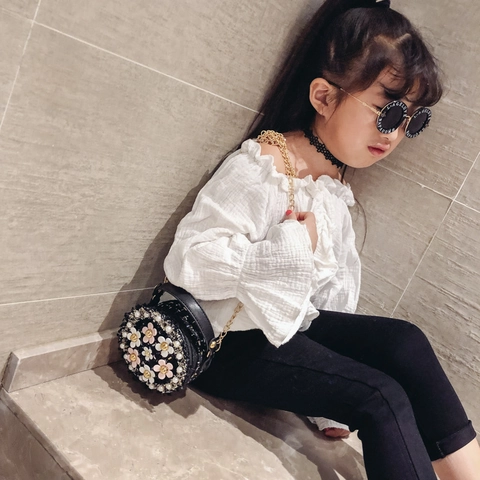 Mini Round Crossbody Bag For Kids Sweet Tweed 3D Flower Artificial Pearl Decor Metal Chain Strap Shoulder Handbag For Little Girls