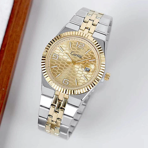 Herren Quarzuhr Edelstahl Bi Color Armband Geriffelte Lünette Kalender Datum Waben Zifferblatt Mode Lässig Wasserdicht