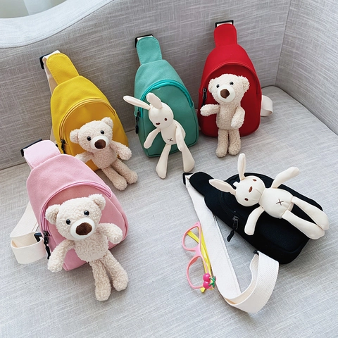 Kids Chest Crossbody Bag Canvas With Cute Cartoon Plush Bear Rabbit Doll Adjustable Strap For Toddler Children