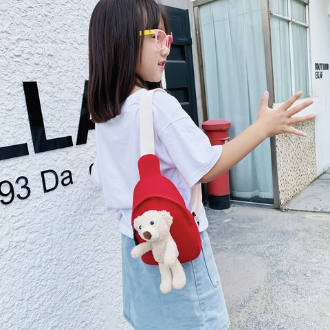 Kids Chest Crossbody Bag Canvas With Cute Cartoon Plush Bear Rabbit Doll Adjustable Strap For Toddler Children