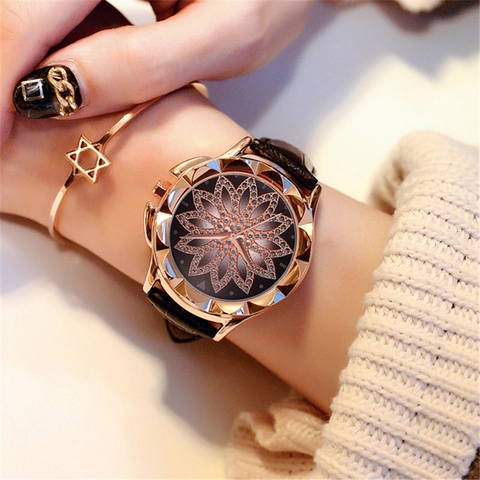 Elegant Women Quartz Watch Flower Pattern Rhinestone Dial Rose Gold Case Crocodile Texture PU Leather Strap Fashion