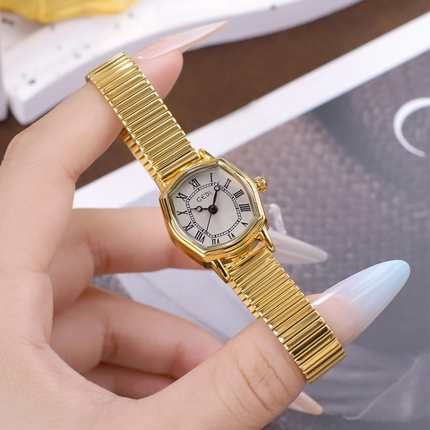 Orologio Al Quarzo Da Donna Oro Acciaio Inossidabile Cinturino Estensibile Cassa Ottagonale Retro Numeri Romani Impermeabile Elegante