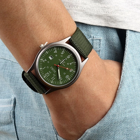 Men Military Quartz Watch Analog Date Display Canvas Strap Sporty Casual Rugged Outdoor Wristwatch