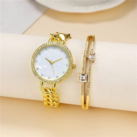 Damen Mode Uhr Und Armband Legierung Strass Lünette Marmor Zifferblatt Dicke Kette Einfacher Luxus Schmuck Geschenk