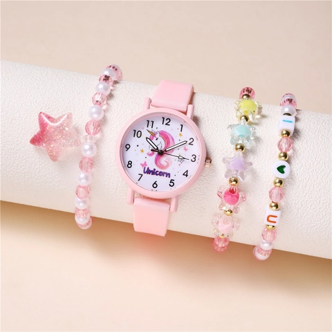 Cute Unicorn Kids Quartz Watch With Beaded Bracelets Analog Silicone Strap For Girls Student Casual Accessory